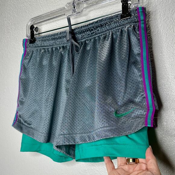 Nike Pro Metallic Gray Laser Cut with Green Running Shorts M - Picture 3 of 16